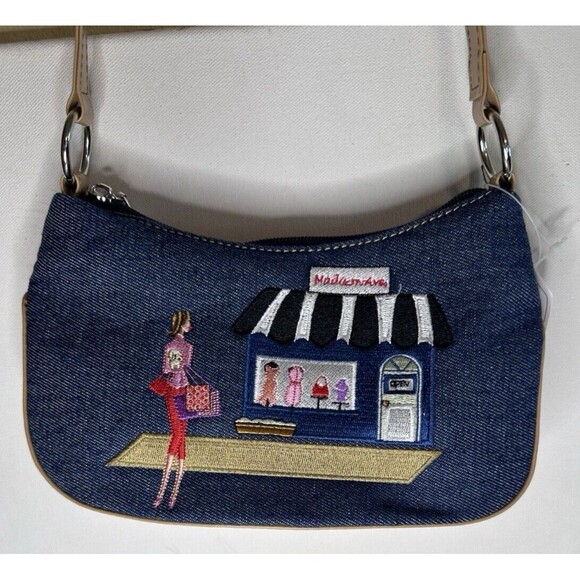 Unbranded Denim Embroidered Shoulder Bag Vegan Leather Trim - Picture 1 of 7